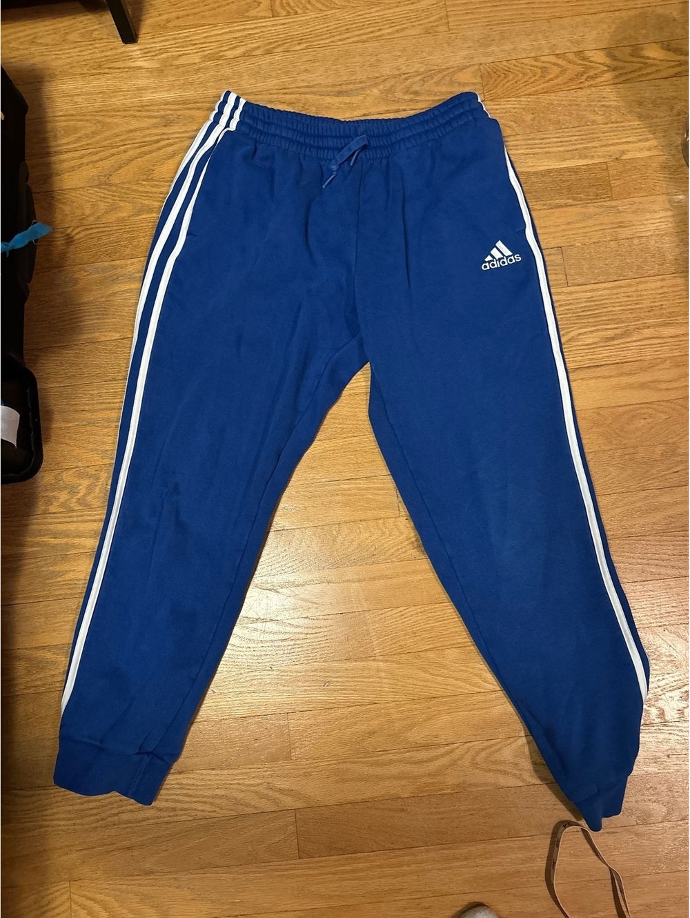 Adidas Blue Track Pants with White Stripes Size L